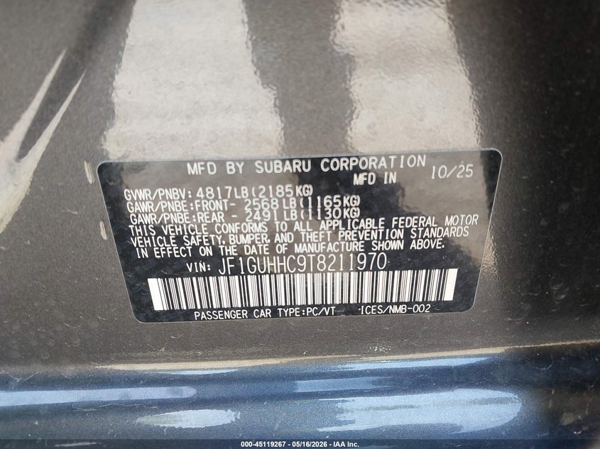 2026 Subaru Impreza VIN JF1GUHHC9T8211970 IAAI salvage auction — FRONT END, Salvage (New Hampshire), sold $3,300 on 2026-07-29 (photo 9)