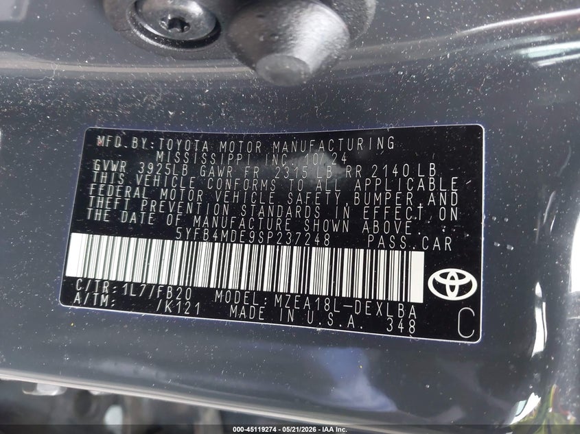 2025 Toyota Corolla VIN 5YFB4MDE9SP237248 IAAI salvage auction — FRONT END, Mv-907A (New York), sold $3,750 on 2026-07-14 (photo 9)