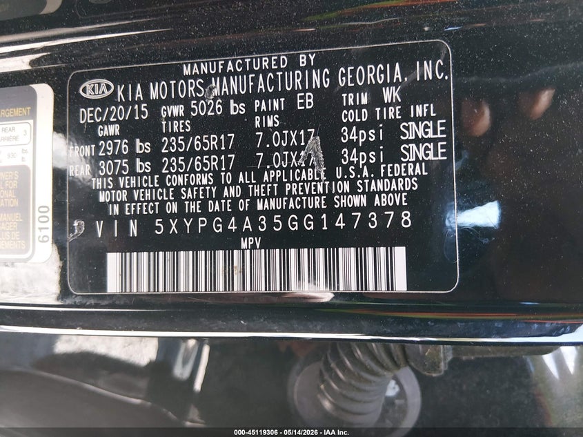 2016 Kia Sorento VIN 5XYPG4A35GG147378 IAAI salvage auction — FRONT END, Salvage (South Carolina), sold $900 on 2026-07-28 (photo 9)