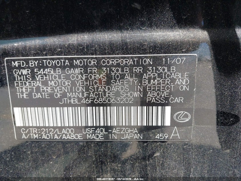 2008 Lexus Ls 460 VIN JTHBL46F685063202 IAAI salvage auction — FRONT END, Salvage (Texas), sold $1,350 on 2026-07-07 (photo 9)