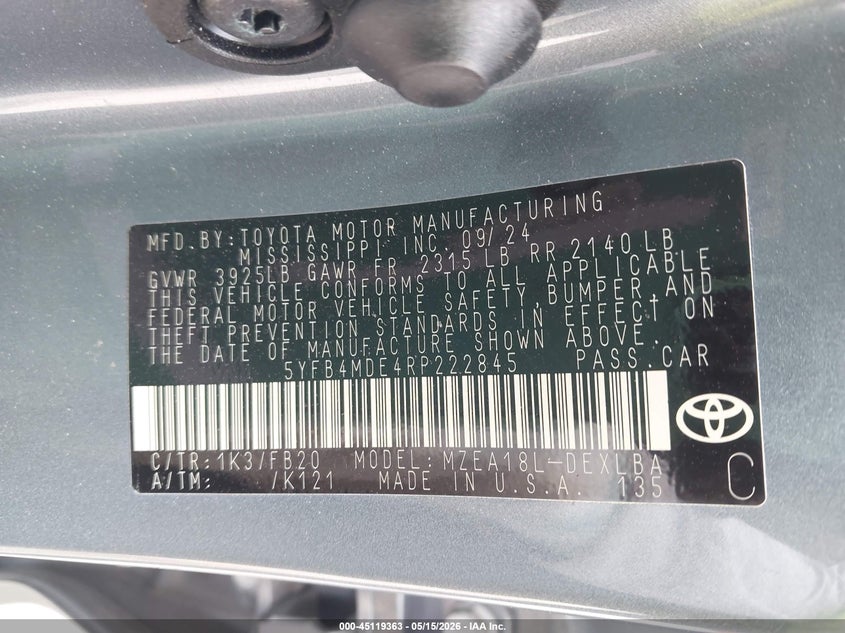 2024 Toyota Corolla VIN 5YFB4MDE4RP222845 IAAI salvage auction — HAIL, Salvage (Illinois), sold $6,425 on 2026-07-28 (photo 9)