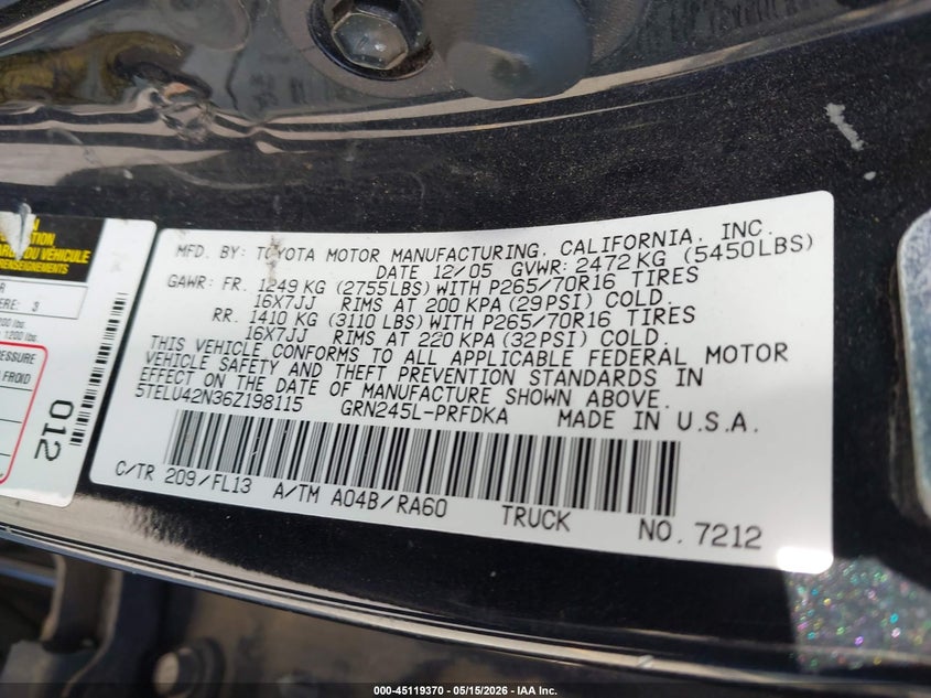 2006 Toyota Tacoma VIN 5TELU42N36Z198115 IAAI salvage auction — FRONT END, Salvage (Maine), sold $4,200 on 2026-07-28 (photo 9)