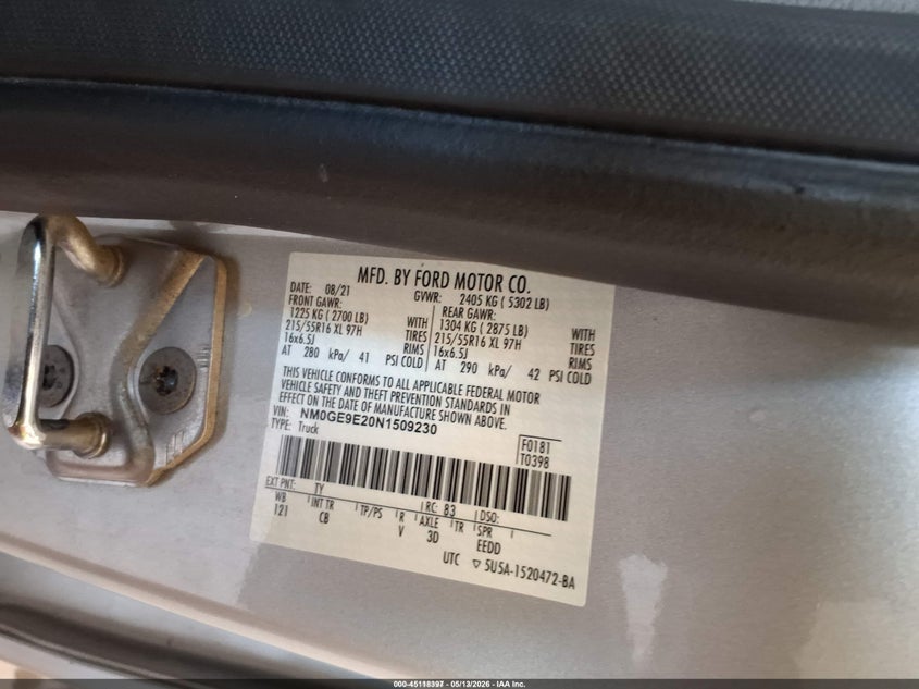 2022 Ford Transit connect VIN NM0GE9E20N1509230 IAAI salvage auction — NORMAL WEAR, SF97 (North Carolina), sold $5,100 on 2026-07-16 (photo 9)