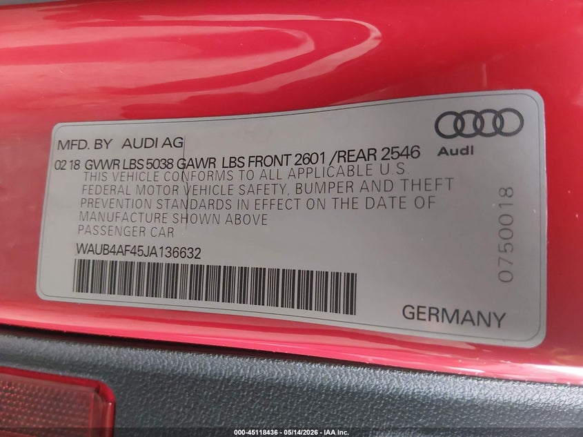 2018 Audi S4 VIN WAUB4AF45JA136632 IAAI salvage auction — SIDE, Salvage Title, sold $5,100 on 2026-07-28 (photo 9)