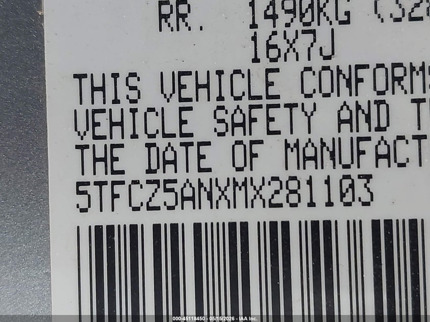 2021 Toyota Tacoma VIN 5TFCZ5ANXMX281103 IAAI salvage auction — FRONT & REAR, Salvage (Virginia), sold $15,200 on 2026-07-27 (photo 9)