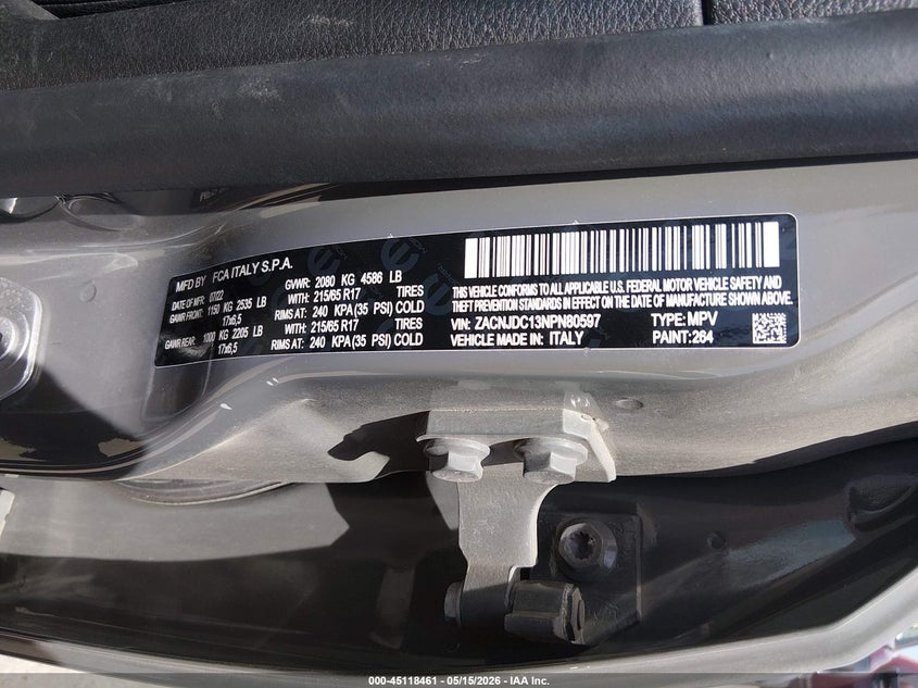 2022 Jeep Renegade VIN ZACNJDC13NPN80597 IAAI salvage auction — FRONT END, Original (Texas), sold $5,700 on 2026-08-12 (photo 9)