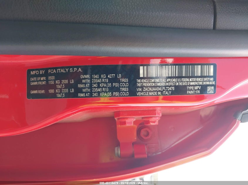 2020 Jeep Renegade VIN ZACNJAAB4LPL72476 IAAI salvage auction — FRONT END, Original (Texas), sold $3,600 on 2026-07-15 (photo 9)