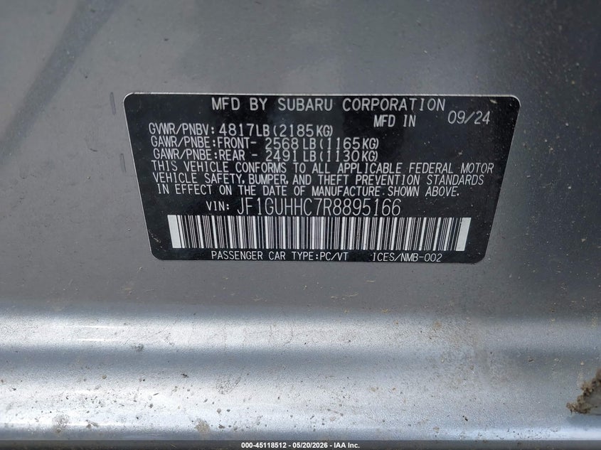 2024 Subaru Impreza VIN JF1GUHHC7R8895166 IAAI salvage auction — SIDE, Salvage (Massachusetts), sold $4,050 on 2026-07-09 (photo 9)