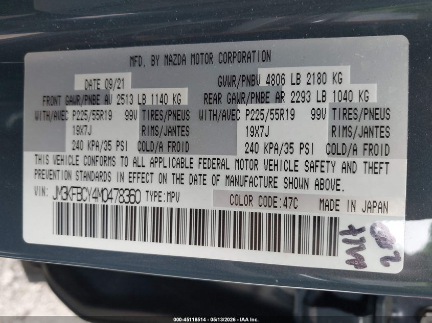 2021 Mazda Cx-5 VIN JM3KFBCY4M0478360 IAAI salvage auction — SIDE, Salvage - 75% Or Less (Maryland), sold $9,100 on 2026-07-09 (photo 9)