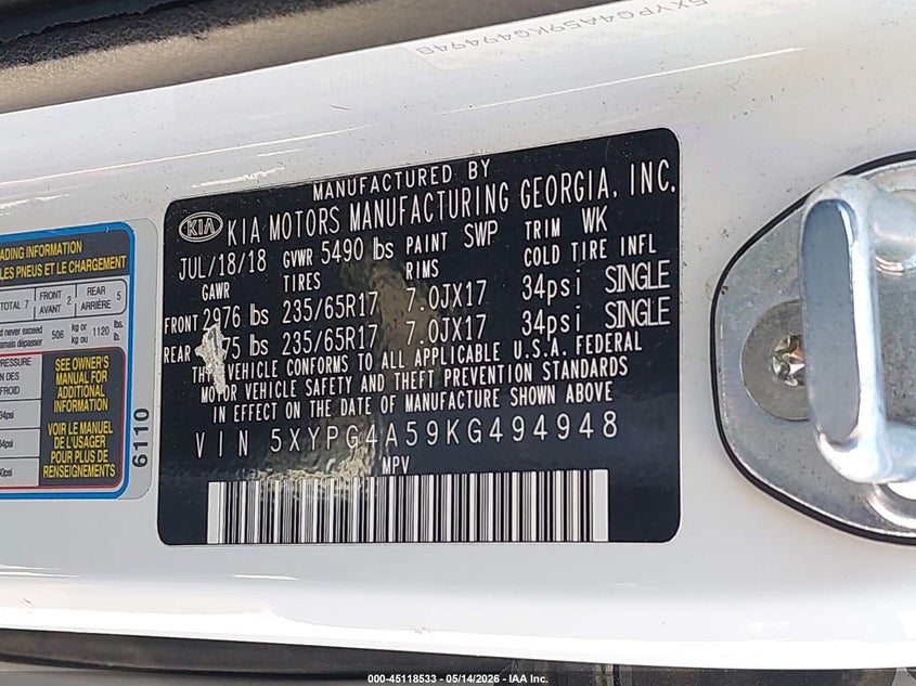 2019 Kia Sorento VIN 5XYPG4A59KG494948 IAAI salvage auction — FRONT END, Salvage (Indiana), sold $2,650 on 2026-07-09 (photo 9)