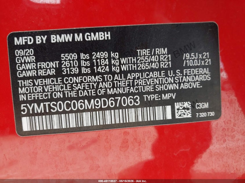 2021 BMW X3 m VIN 5YMTS0C06M9D67063 IAAI salvage auction — RIGHT FRONT, Original (Texas), sold $17,100 on 2026-07-30 (photo 9)