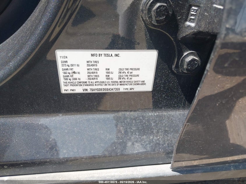 2025 Tesla Model y VIN 7SAYGDED5SA347359 IAAI salvage auction — REAR END, Original (Texas), sold $12,750 on 2026-07-30 (photo 9)