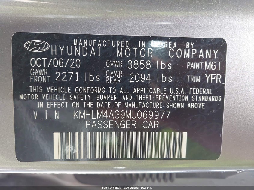 2021 Hyundai Elantra VIN KMHLM4AG9MU069977 IAAI salvage auction — RIGHT SIDE, Salvage (Indiana), sold $3,150 on 2026-07-07 (photo 9)
