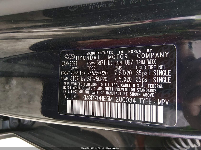 2021 Hyundai Palisade VIN KM8R7DHE5MU280034 IAAI salvage auction — FRONT END, Salvage (West Virginia), sold $9,950 on 2026-07-08 (photo 9)