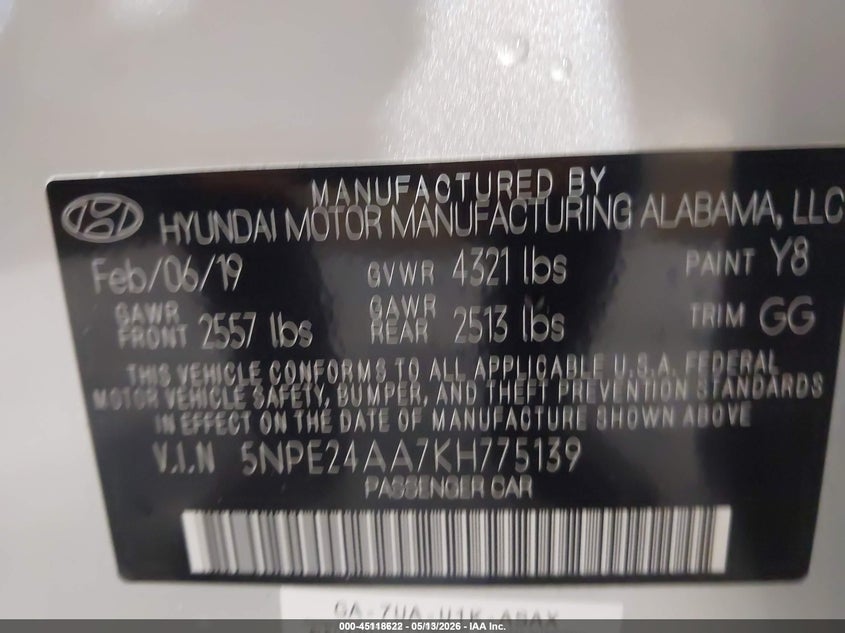 2019 Hyundai Sonata VIN 5NPE24AA7KH775139 IAAI salvage auction — FRONT & REAR, SF97 (Kansas), sold $10,350 on 2026-07-09 (photo 9)
