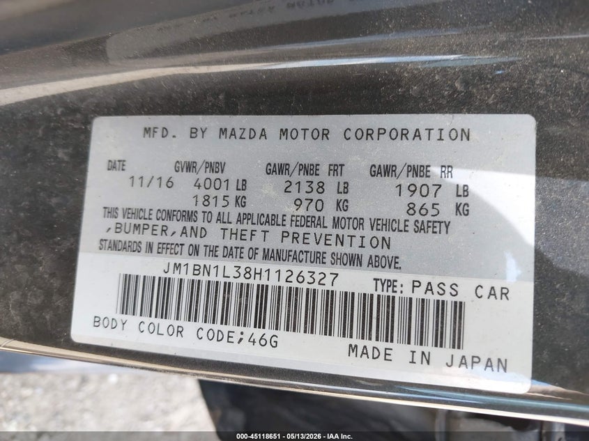 2017 Mazda 3 VIN JM1BN1L38H1126327 IAAI salvage auction — FRONT & REAR, Clear (Indiana), sold $1,900 on 2026-07-15 (photo 9)