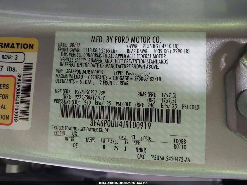 2018 Ford Fusion VIN 3FA6P0UU4JR100919 IAAI salvage auction — FRONT & REAR, SF97 (Kansas), sold $12,200 on 2026-07-09 (photo 9)