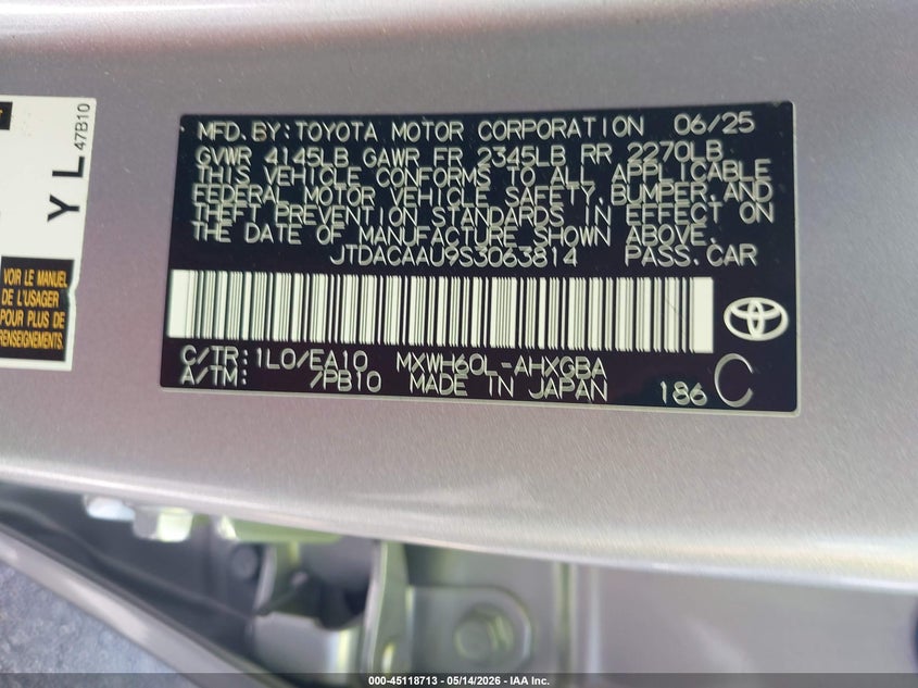 2025 Toyota Prius VIN JTDACAAU9S3063814 IAAI salvage auction — LEFT SIDE, Rebuildable (Florida), sold $9,700 on 2026-07-30 (photo 9)