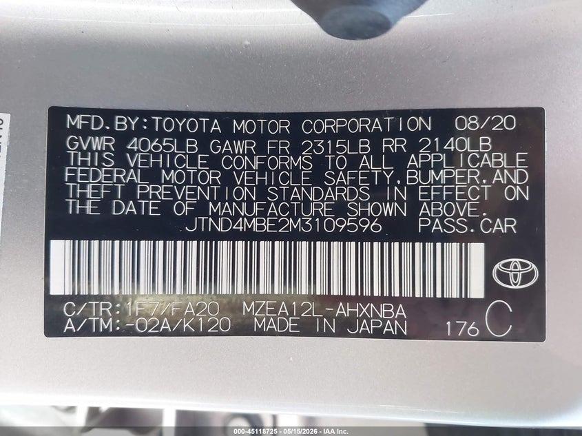 2021 Toyota Corolla VIN JTND4MBE2M3109596 IAAI salvage auction — LEFT FRONT, Salvage (Illinois), sold $5,200 on 2026-07-08 (photo 9)