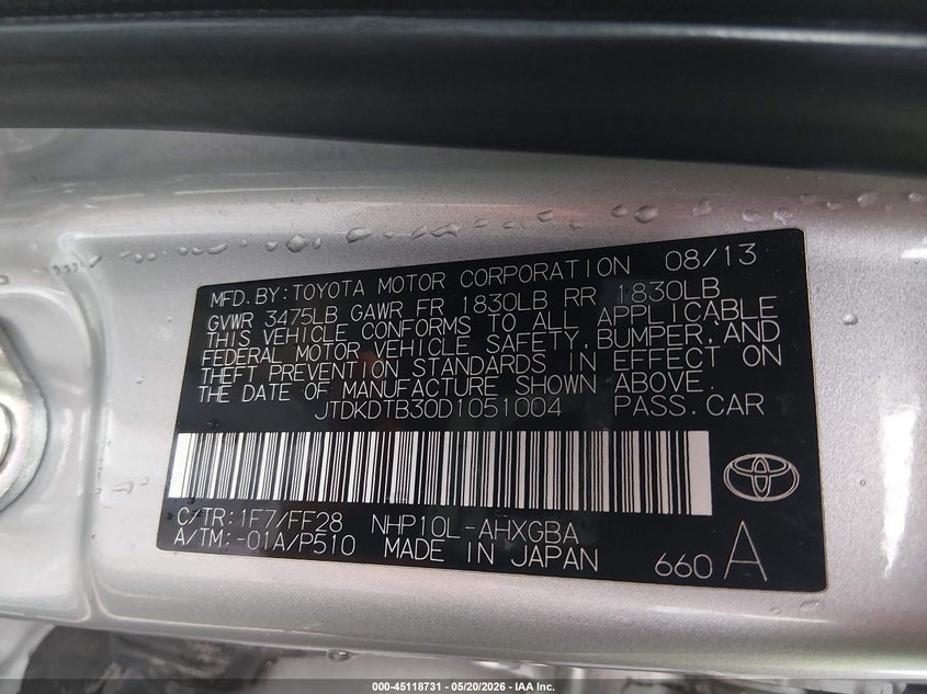 2013 Toyota Prius c VIN JTDKDTB30D1051004 IAAI salvage auction — FRONT END, Clear (Indiana), sold $775 on 2026-07-16 (photo 9)