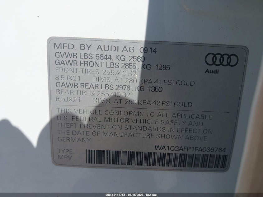 2015 Audi Sq5 VIN WA1CGAFP1FA036764 IAAI salvage auction — ROOF, Salvage (Arkansas), sold $6,300 on 2026-07-29 (photo 9)
