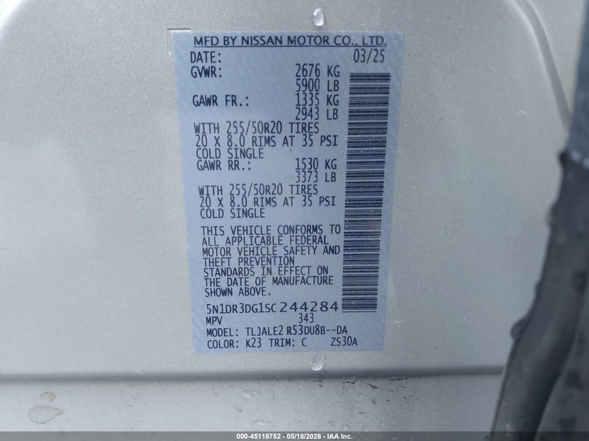 2025 Nissan Pathfinder VIN 5N1DR3DG1SC244284 IAAI salvage auction — FRONT END, Salvage (South Carolina), sold $11,875 on 2026-07-29 (photo 9)