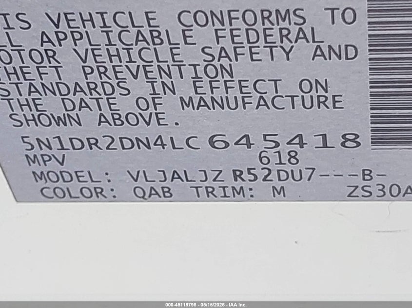 2020 Nissan Pathfinder VIN 5N1DR2DN4LC645418 IAAI salvage auction — FRONT END, Salvage (Texas), sold $2,000 on 2026-07-10 (photo 9)