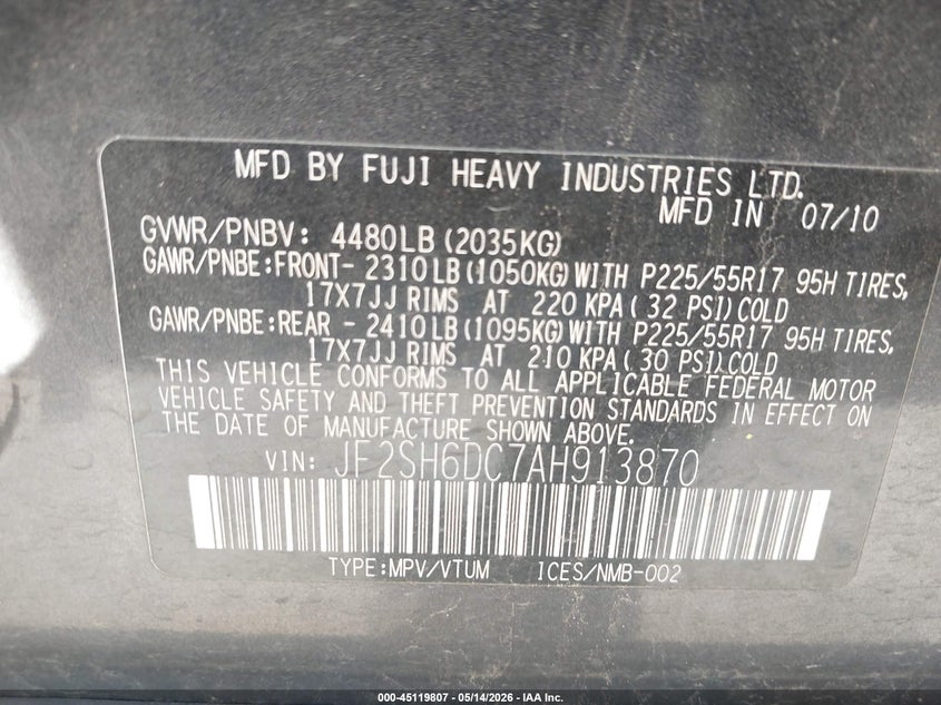 2010 Subaru Forester VIN JF2SH6DC7AH913870 IAAI salvage auction — FRONT END, Salvage (Texas), sold $1,150 on 2026-07-27 (photo 9)
