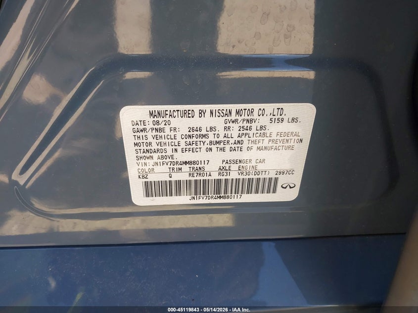 2021 Infiniti Q50 VIN JN1FV7DR4MM880117 IAAI salvage auction — ROOF, Salvage (Wisconsin), sold $11,900 on 2026-07-14 (photo 9)