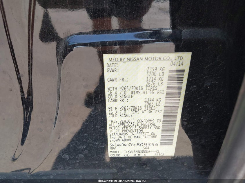 2014 Nissan Xterra VIN 5N1AN0NU7EN809356 IAAI salvage auction — FRONT END, Salvage (Texas), sold $1,500 on 2026-07-09 (photo 9)