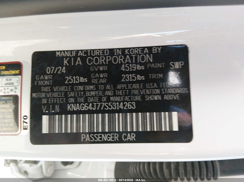 2025 Kia K5 VIN KNAG64J77S5314263 IAAI salvage auction — SIDE, Salvage (Colorado), sold $8,200 on 2026-08-01 (photo 9)
