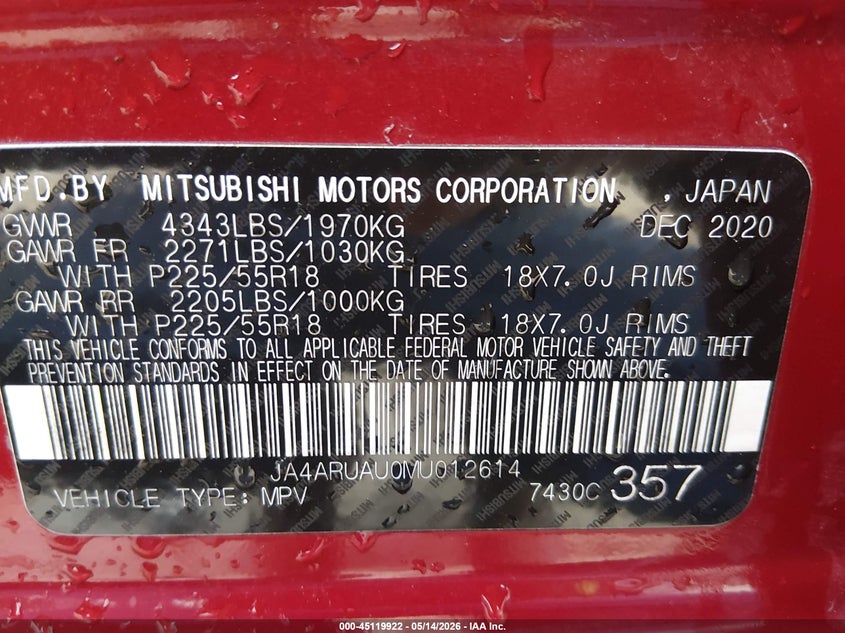 2021 Mitsubishi Outlander VIN JA4ARUAU0MU012614 IAAI salvage auction — REAR END, Salvage (West Virginia), sold $5,025 on 2026-07-16 (photo 9)