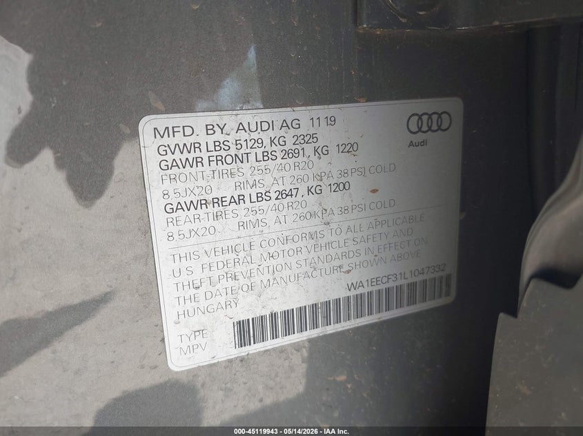 2020 Audi Q3 VIN WA1EECF31L1047332 IAAI salvage auction — FRONT END, Original (Texas), sold $6,000 on 2026-07-22 (photo 9)