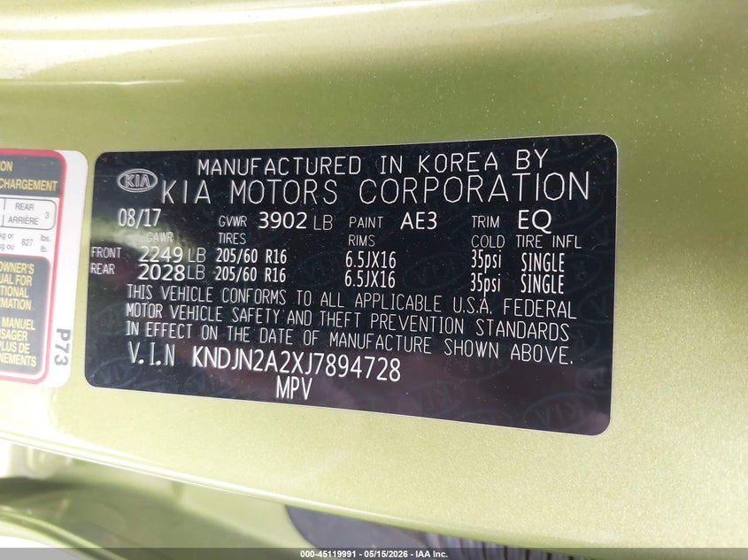2018 Kia Soul VIN KNDJN2A2XJ7894728 IAAI salvage auction — REAR END, Salvage - Greater Than 75% (Maryland), sold $1,500 on 2026-07-24 (photo 9)