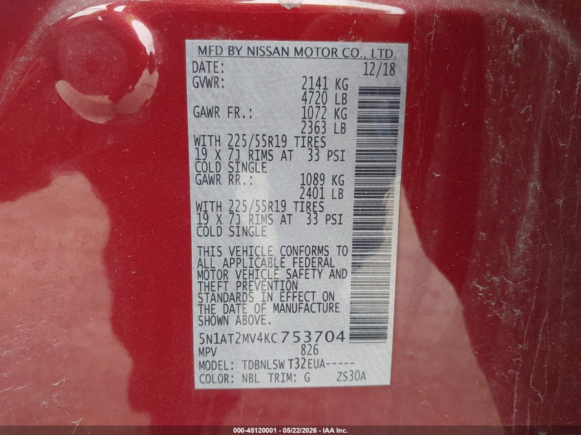 2019 Nissan Rogue VIN 5N1AT2MV4KC753704 IAAI salvage auction — REAR END, Salvage (Iowa), sold $3,200 on 2026-07-28 (photo 9)