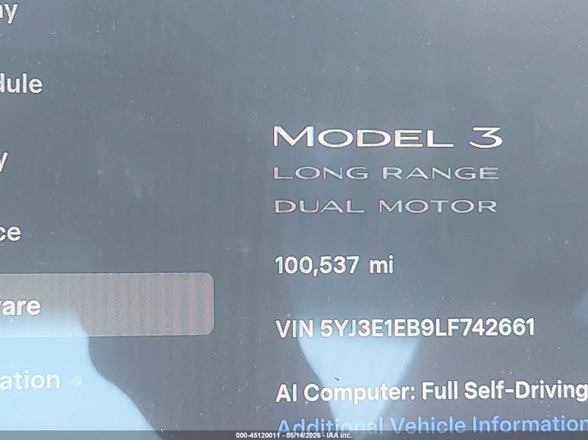 2020 Tesla Model 3 VIN 5YJ3E1EB9LF742661 IAAI salvage auction — FRONT END, Original (Texas), sold $6,100 on 2026-07-30 (photo 7)