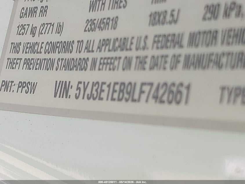 2020 Tesla Model 3 VIN 5YJ3E1EB9LF742661 IAAI salvage auction — FRONT END, Original (Texas), sold $6,100 on 2026-07-30 (photo 9)
