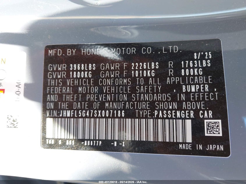 2025 Honda Civic type r VIN JHMFL5G47SX007186 IAAI salvage auction — RIGHT SIDE, Salvage (Tennessee), sold $5,200 on 2026-07-16 (photo 9)