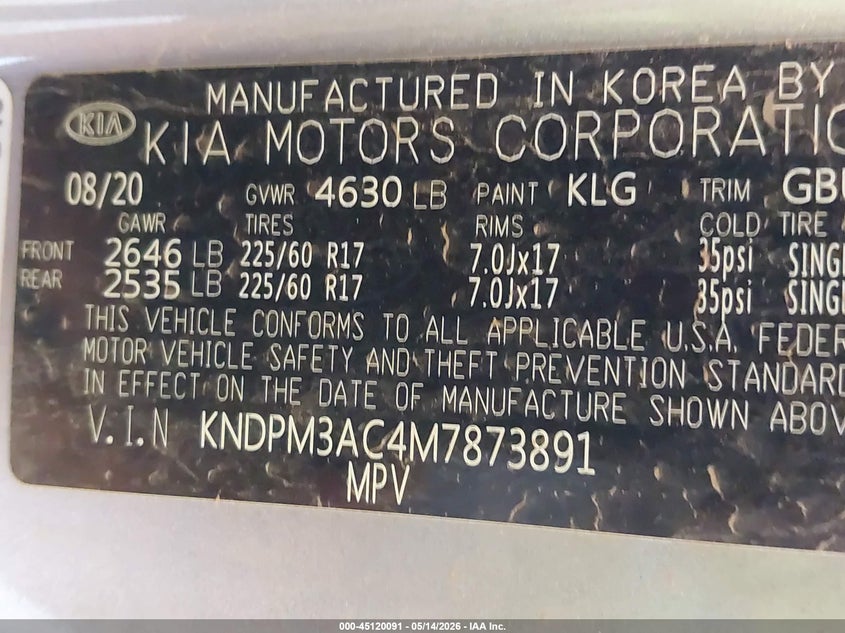 2021 Kia Sportage VIN KNDPM3AC4M7873891 IAAI salvage auction — FRONT END, Salvage (Louisiana), sold $250 on 2026-07-29 (photo 9)