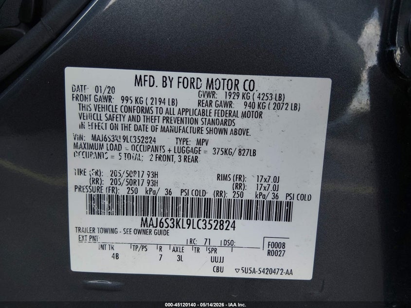 2020 Ford Ecosport VIN MAJ6S3KL9LC352824 IAAI salvage auction — LEFT FRONT, Certificate Of Destruction (Florida), sold $100 on 2026-07-30 (photo 9)