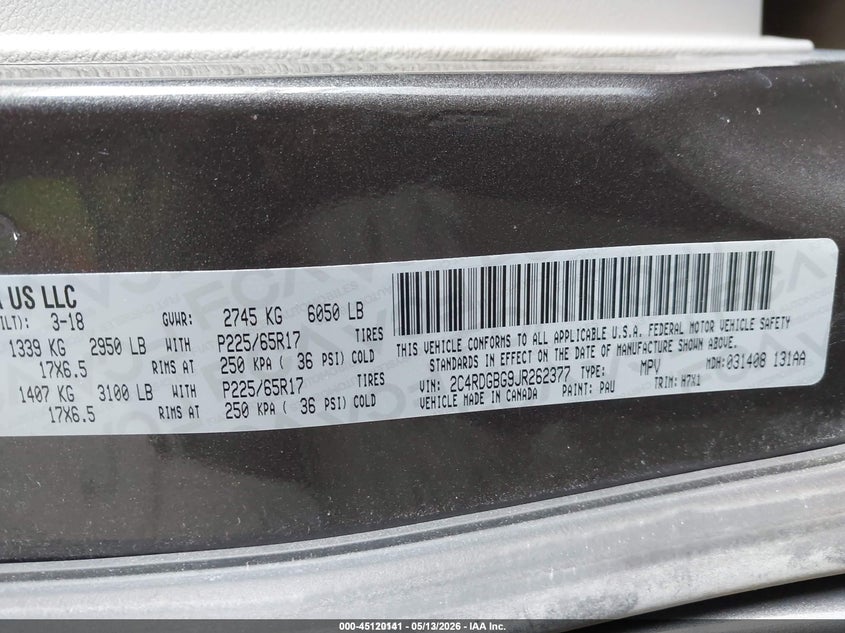 2018 Dodge Grand caravan VIN 2C4RDGBG9JR262377 IAAI salvage auction — FRONT END, SF97 (Kansas), sold $7,200 on 2026-07-09 (photo 9)