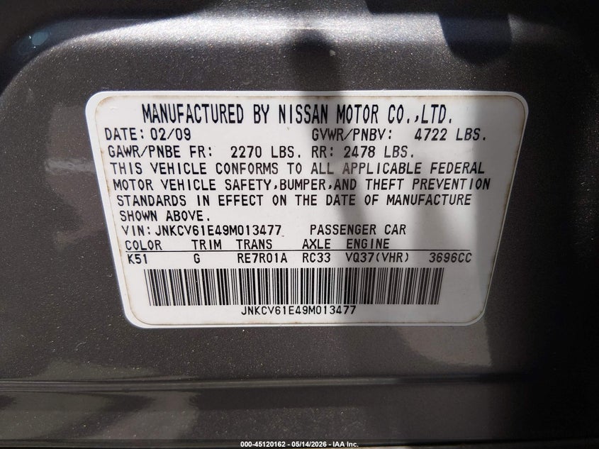 2009 Infiniti G VIN JNKCV61E49M013477 IAAI salvage auction — RIGHT FRONT, Clear (Tennessee), sold $775 on 2026-07-07 (photo 9)
