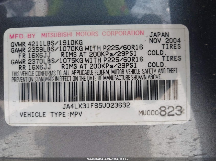 2005 Mitsubishi Outlander VIN JA4LX31F85U023632 IAAI salvage auction — REAR END, Original (Texas), sold $800 on 2026-07-16 (photo 9)