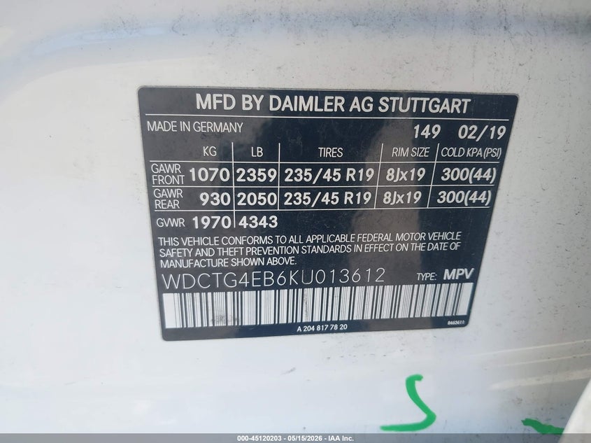2019 Mercedes-benz Gla-klasse VIN WDCTG4EB6KU013612 IAAI salvage auction — LEFT SIDE, Salvage (Georgia), sold $6,200 on 2026-07-10 (photo 9)