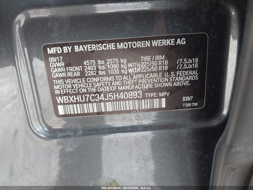 2018 BMW X1 VIN WBXHU7C34J5H40893 IAAI salvage auction — FRONT END, Rebuildable (Florida), sold $3,550 on 2026-07-15 (photo 9)