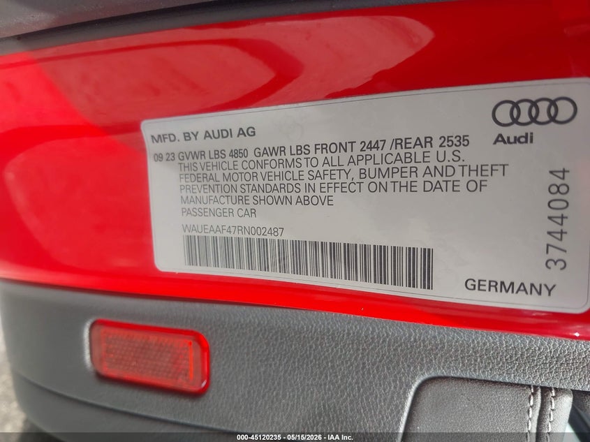 2024 Audi A4 VIN WAUEAAF47RN002487 IAAI salvage auction — REAR END, Salvage (Oklahoma), sold $14,700 on 2026-07-14 (photo 9)