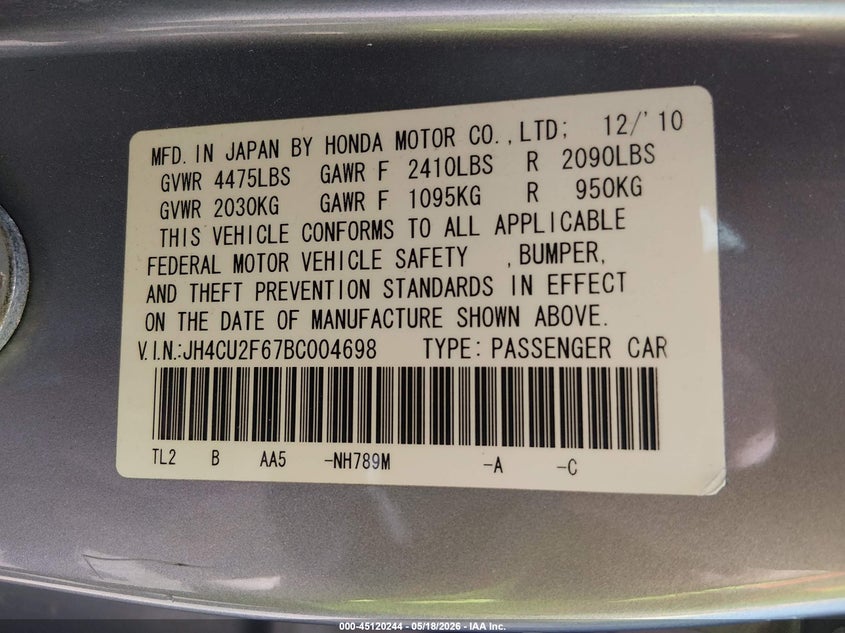 2011 Acura Tsx VIN JH4CU2F67BC004698 IAAI salvage auction — HAIL, Clear (Wisconsin), sold $825 on 2026-07-22 (photo 9)