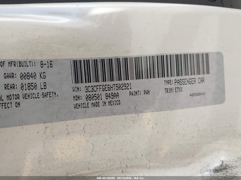 2017 Fiat VIN 3C3CFFGE6HT502921 IAAI salvage auction — SIDE, Salvage (California), sold $775 on 2026-07-29 (photo 9)