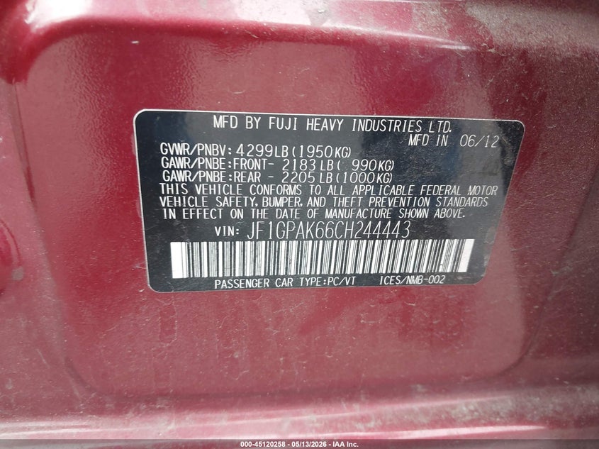 2012 Subaru Impreza VIN JF1GPAK66CH244443 IAAI salvage auction — FRONT END, Salvage (Oregon), sold $1,850 on 2026-07-09 (photo 9)