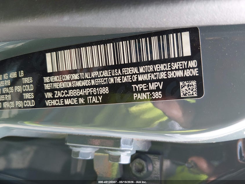 2017 Jeep Renegade VIN ZACCJBBB4HPF61988 IAAI salvage auction — LEFT & RIGHT, Salvage (Massachusetts), sold $425 on 2026-08-20 (photo 9)